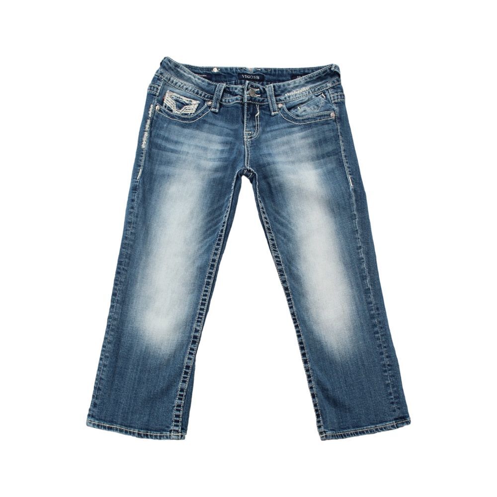 Vigoss Women's The Chelsea Capri‎ Size 7/8 Blue Denim Heavy Stitch Embellished
